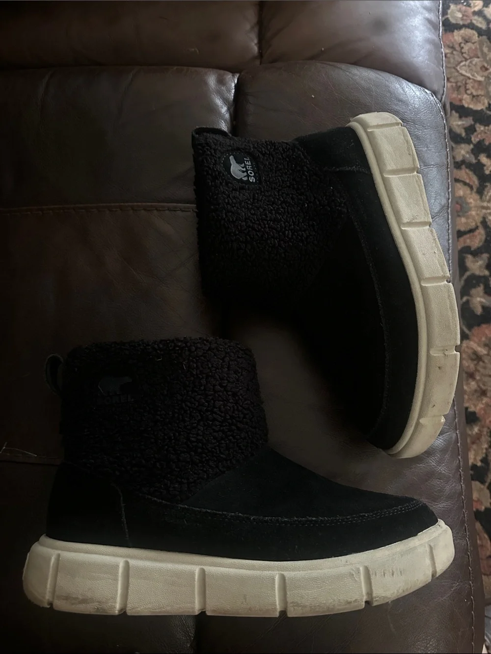 Sorel woman’s explorer 3 Black Suede Fold-Over Sherpa Boot with Cream Sole